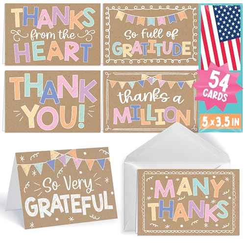 Hadley Designs Bulk Thank You Cards with Envelopes - 54 Kids Thank You Cards For Teachers, Cute Thanks Blank Cards and Envelopes, Fun Appreciation Note Card for Birthday, Baby Shower & Small Business