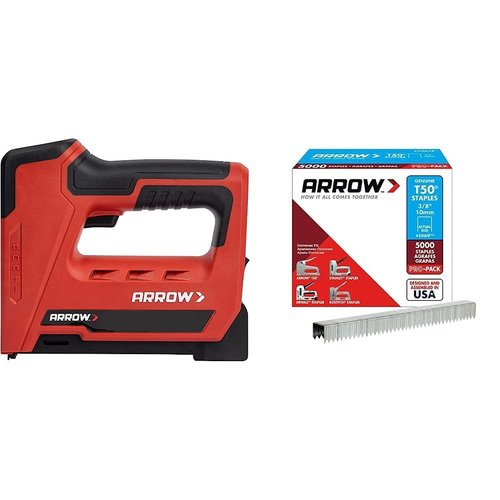 Arrow ET501C Cordless 5-in-1 Professional Staple and Nail Gun, Black/Red & 506IP Heavy Duty T50 3/8-Inch Staples for Upholstery, Construction, Furniture, Crafts, 5000-Pack