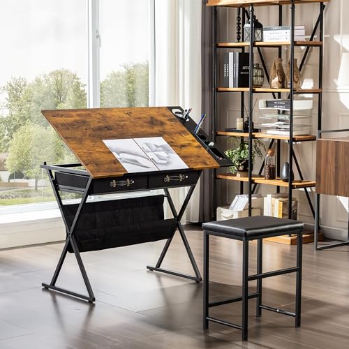 VECELO Rustic Brown Adjustable Drafting Table Art Desk with Storage & Stool