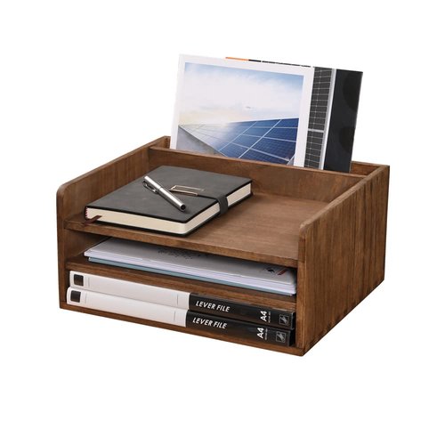 DDYURI Desk Organizer for File Folder Storage with 3 Paper Letter Tray &1 Vertical Compartment- Wood Office Desktop Document Organizer Rack - Filing Folder Mail Sorter Desk accessories Dark WJJ3K-DK