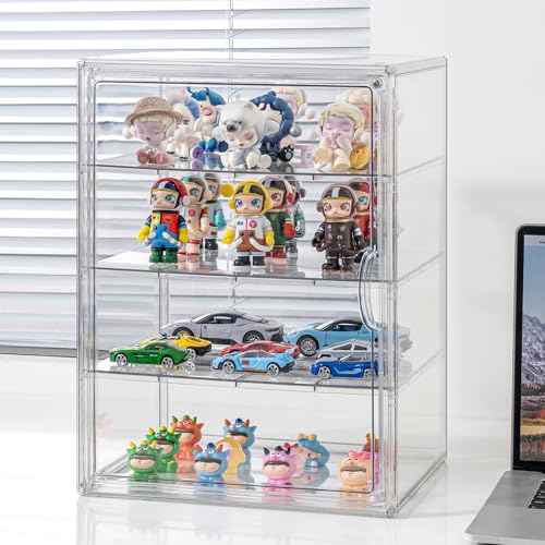 XXX-Large 4 Tier Clear Display Case for Figures 15.7"X11.8"X9.8" Extra Large Storage Box with Adjustable Shelves & Magnetic Door Stackable Organizer for Anime Figures, Cosmetics, Collectibles