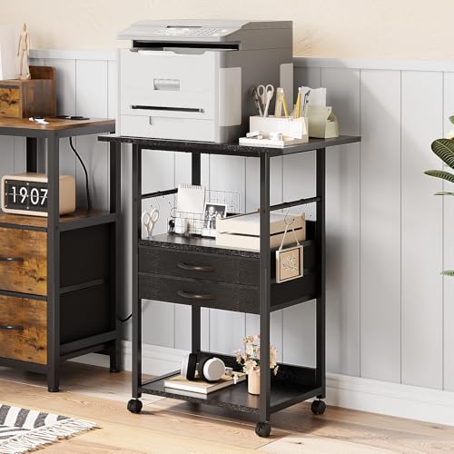 Large Printer Stand with Storage Fabric Drawer Under Desk Printer Table with Wheels for Home Office, Printer Cart fit Fax Machine Scanner (Black, 3 Tiers)