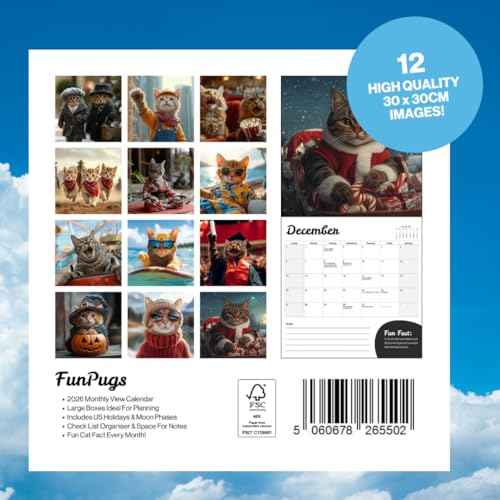 Cat Calendar 2026 - Large 12 Month 2026 Wall Calendar - Month to View Funny Cat Wall Planner Made by Fun Pets