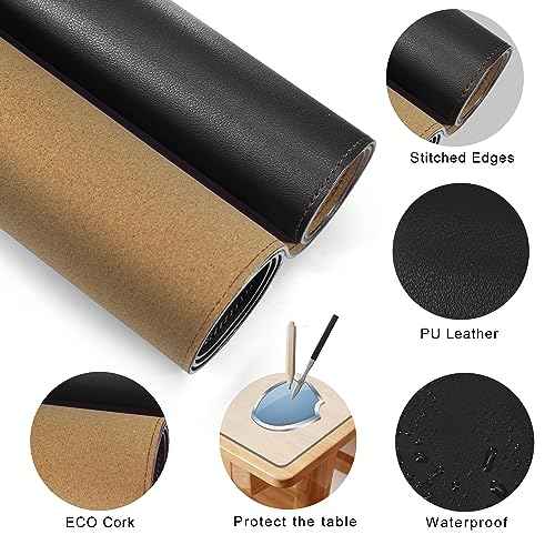 MAIDERN 43.3¡±x 19.6¡± Leather Desk Pad, Large Desk Mat, Reversible Cork & Leather Large Mouse pad for Desk, Waterproof Computer Desk Pad for Gaming Home Office (Black) ¡¦