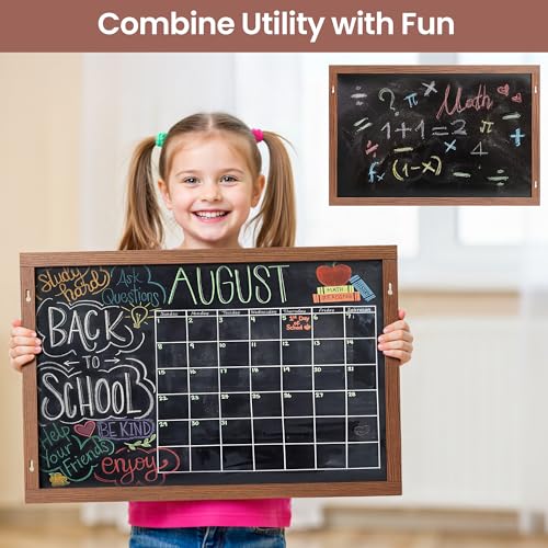 2-in-1 Double-Sided Magnetic Chalkboard 24"x16", Chalk Calendar Board & Large Blackboard for Kitchen & Home Decor, Schedule, Menu, Back-to-School Gift - Hanging Chalk Board with 2 Liquid Pens, Brown