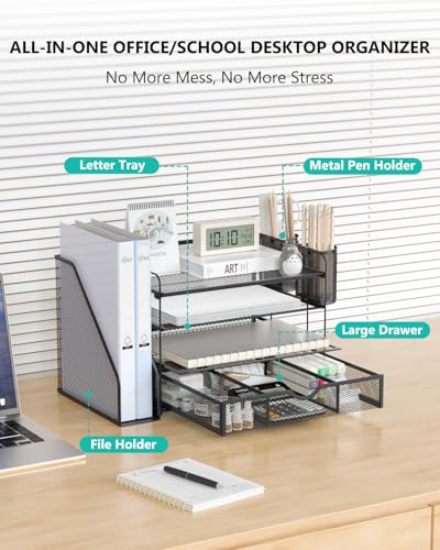 WALI 4-Tier Desk File Organizer with Drawer & Pen Holders - Black | Space-Saving Office Storage