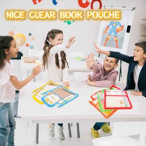 Tdfronien12 Pack Student Clear Book Pouches Bulk with Name Card Pocket and Handles Book Bags for Kids Organizing Storage Waterproof Pouches School Classroom Toys and Office (Bright Color,10 x 12 Inch)