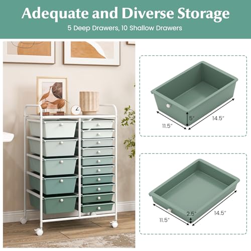 Costway 15-Drawer Rolling Storage Cart - Green Gradient, 4 Casters