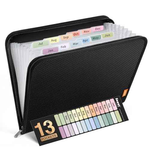 Sooez 13 Pocket Accordion File Organizer, Zipper Expanding File Folder Organizer, Reinforced Plastic Accordion Folder, A4 Letter Size, Portable Folders for Documents, Black