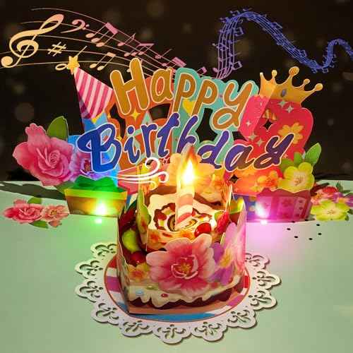 3D Pop Up Birthday Card with Blow-Out Candle, Music & LED Lights ? Interactive Birthday Greeting Card with Cake and Flowers ? Unique Gift for Women, Men, Kids, Mom, Dad, Friends