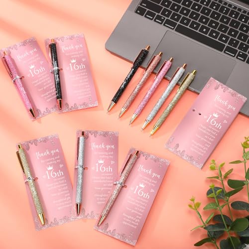 25 Sets Sweet 16th Birthday Party Favors for Guests, Include Sweet Sixteen Glitter Ballpoint Pens with Thank You Cards, Thank You for Coming to My 16 Years Birthday Party Supplies (Classic)