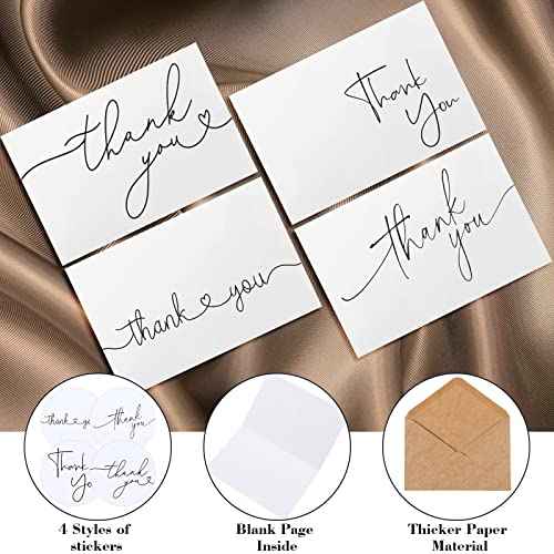 Teling 200 Set Thank You Cards with Envelopes Bulk, 6 x 4 Inch Blank Thank U Greeting Notes with Brown Kraft Envelopes Stickers Thankyou Card Set for Graduation Wedding Birthday Baby Shower(White)