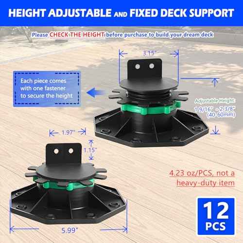 12Pack Upgraded Adjustable Deck Support Pedestal£¬Deck Foundation Base Support £¬Adjustment Raising from 1-9/16" to 2-3/8"£¬with Fastener Ring for Maximum Stability£¬Flooring Joist Supports£¬Black