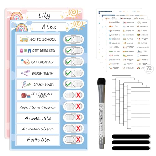 2 Pack Magnetic Kids Chore Chart with Dry Erase & Stickers - CustomMaster Blue & Pink