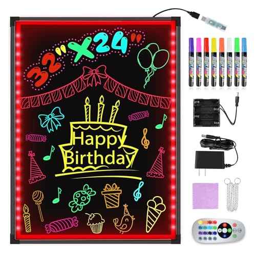Hosim LED Message Writing Board 32"x24" Illuminated Erasable Neon Effect Restaurant Menu Sign with 8 Colors Markers,16 Lighting Colors DIY Message Chalkboard for Kitchen Wedding Promotions