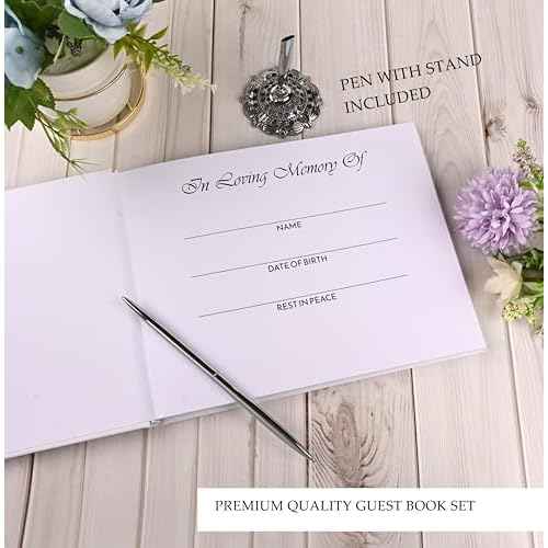 Guest Book Set, Funeral Guest Book, Includes: Guestbook with 100 Pages, 60 Memory Cards, Ball Pen+Pen Stand, Table Sign, Card Box, Celebration of Life Guest Book, Memorial Guest Book