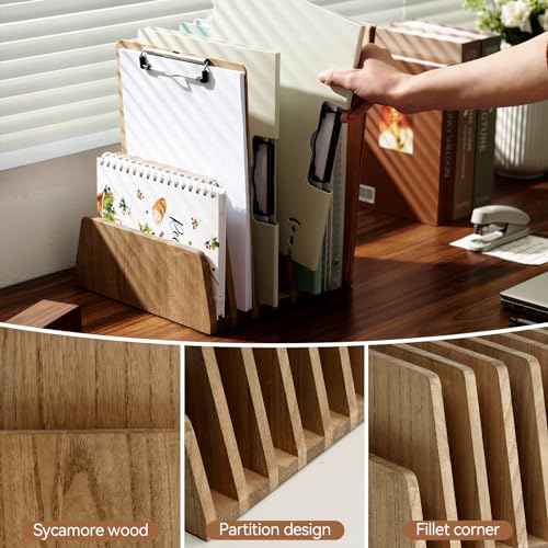 KIRIGEN Wood File Mail Organizer 7 Slots File Paper Holder Desktop Wood Document Letter Holder Organizer for Home Office Brown (7KWJJ-DBR)
