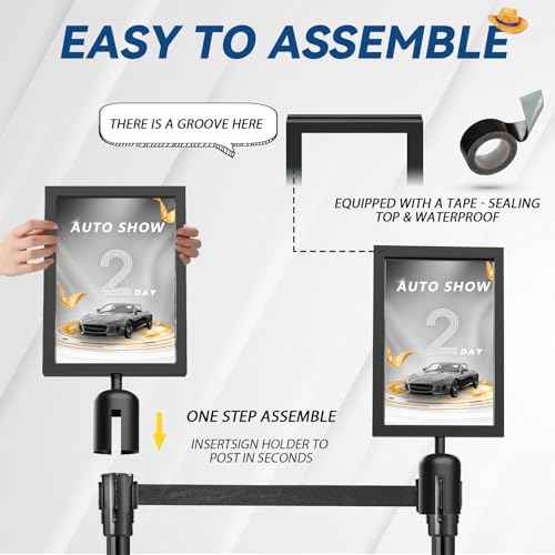 2 Pcs Stanchion Sign Holder 8.3 x 11.7, Portrait Post Top Stand Poster Display, Double Sided Sign Frame with Cover for Crowd Control Queue Barrier Sentry Stanchions Black Iron