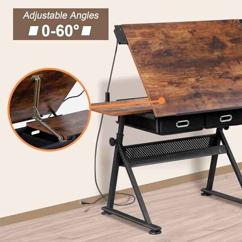 ZENY Adjustable Drafting Table with Stool, Tilting Drawing Desk Artist Table with Storage Drawers, Art Craft Workstation for Home Office Reading, Writing, Crafting