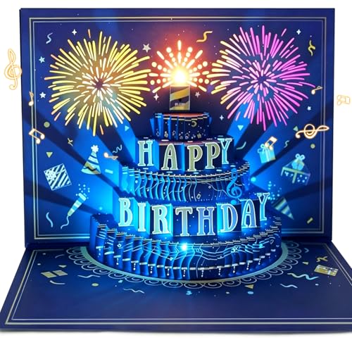 Blue Pop Up Birthday Card with Music, Lights & Fireworks - Unique Gift