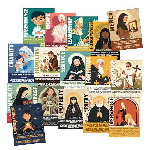 Catholic Saints Posters for Kids - Set of 16 (11x14) Unframed Christian Classroom Decor - Bible Virtues Quotes from Saints - Sunday School & Faith Bulletin Board Decorations