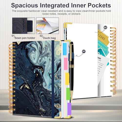 Spiral Journal Notebook for Work, 300 Pages 5 Subject Notebook College Ruled with Dividers & Tabs, 8''x 10'' Large Cute Notebooks Journal for Women Students Note-Taking and Organizer (Navy Marble)