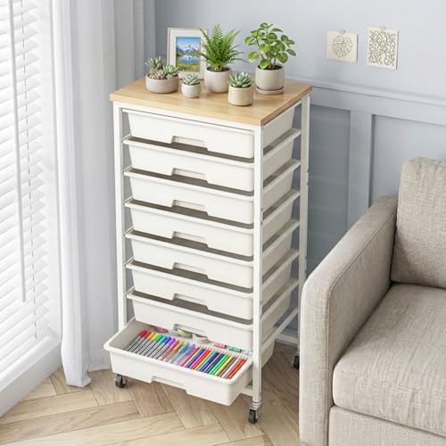 Labuk 8-Drawer Rolling Storage Cart with Wood Top and Wheels