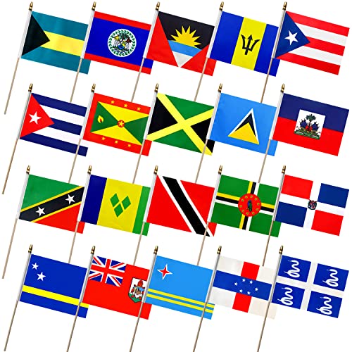 Caribbean Flags on 8.2x5.5 Inch Wooden Stick - 20 Pack, Vivid Caribbean Party Decorations