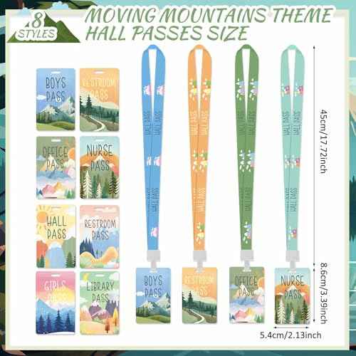 8 Set PVC Hall Pass Lanyards Mountains Unbreakable Hall School Passes Teacher Supplies for Classroom Elementary Middle School Bathroom Library Office Nurse