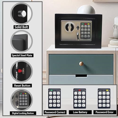 Yuanshikj Small Black Steel Security Safe Box with Digital Keypad & Emergency Keys, 0.23 CuFt