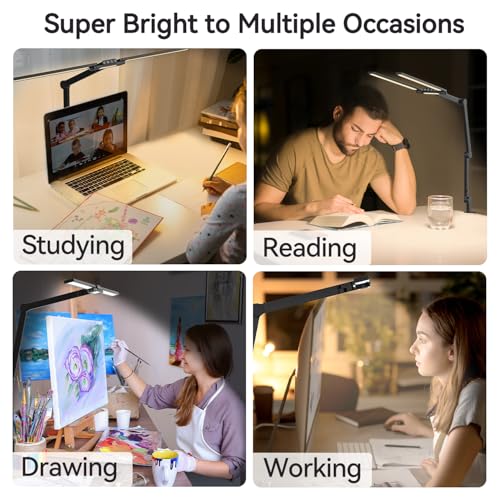 LED Architect Desk Lamp with Clamp - 24W Ultra Bright Adjustable Swing Arm Light for Home Office, 3000 Lumen Auto Dimming Computer Lamp with Stepless Touch Control, Rotatable for Video Calls, Drafting