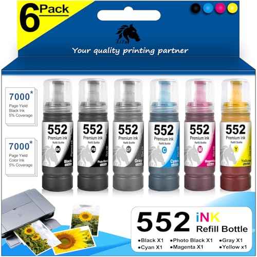 T552 552 Ink Refill Bottles T552920 Replacement for 8550 ET-8550 8500 ET-8500 Printer (Black, Photo Black, Cyan, Magenta, Yellow, Gray, 6-Pack)
