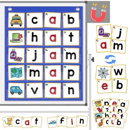 ABCxGOOD CVC Word Building Pocket Charts with 64 Phonics Flash Cards Kindergarten Classroom Must Haves, CVC Literacy Games for Beginners in Reading and Spelling.