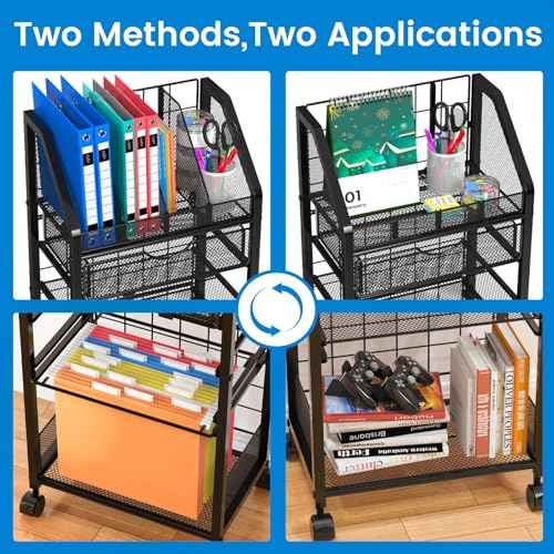 5 Tier Rolling File Cart with Drawer, Metal Office File Cart Organization with Sliding Trays, Teacher Carts with Wheels, Paper Letter Storage Hanging Files Folders for Workspace,Home,School Classroom