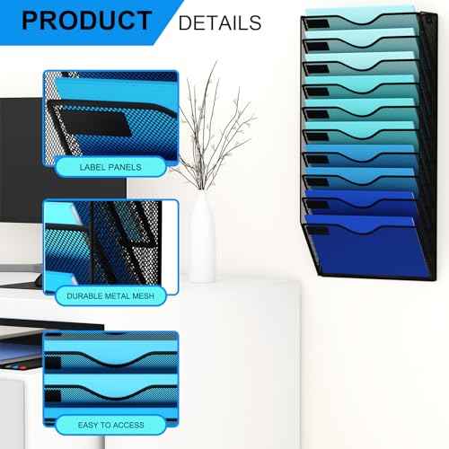 10 Pockets Mesh Hanging Wall File Holder Organizer Wall Mounted Paper Magazine Rack, Black