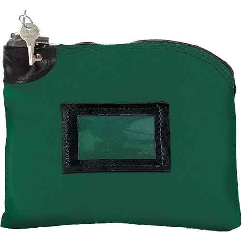 BankSupplies Locking Cash Bag | 10¡± W x 8¡± H | Heavy Duty Nylon Curved Zipper | Forest Green | Metal Pop-Up Lock | 2 Keys Included | Black-Framed Cardholder | Canvas Bank Bags