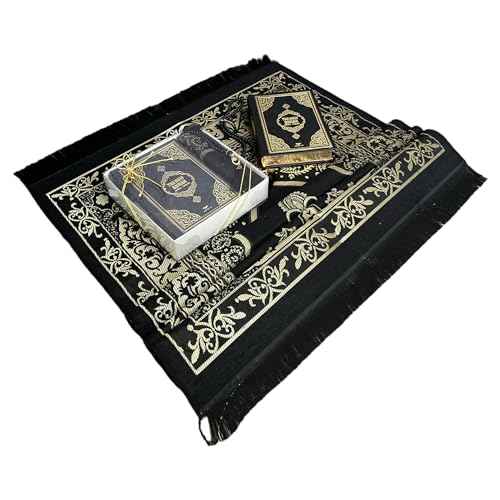 English Translate Thermo Leather Covered Quran, Tafta Prayer Mat and Beads Set |Quran Size:8x5.5x1.2 ?nch/20x14x3cm | Muslim Prayer Mat | Great Ramadan Gifts for Muslim Men,Women (Black, 1 Sets)