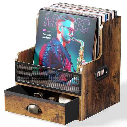 Vinyl Record Storage Crate with Drawer, Wooden & Metal Record Holder Box, LP Album Organizer for Home, Desktop & Music Room, vinyl crate for Albums, Book, Files,Holds 60+ Records