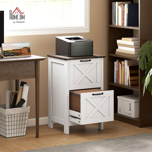 HOMCOM 2 Drawer Vertical File Cabinet with Silent Slides, Rustic Farmhouse Filing Cabinet with Barn Doors for A4/Letter Size, Printer Stand with Storage for Home Office, Distressed White