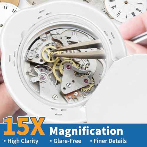 15x Magnifying Glass with Light and Clamp Stand - Long Arm Magnifying Lamp with Remote & Dust Cover - Hands-Free 5 Color Desktop LED Magnifier Lamp with Light for Reading, Crafts, Hobbies, Close Work