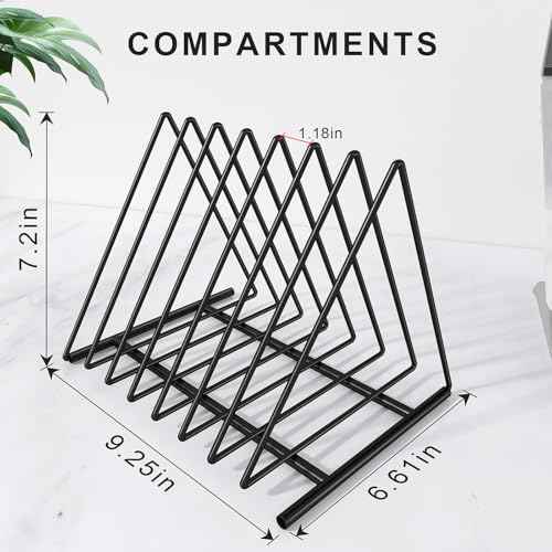 Triangle Desk File Organizer, 7 Slots Metal File Sorter Magazine Holder Document Rack,Desktop Bookshelf Organizer for Office Home School,Black
