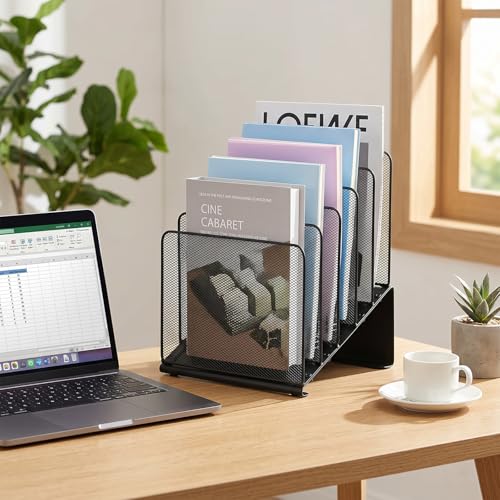 LEKETREE Black Desk File Organizer with 5 Vertical Compartments for Office & Home