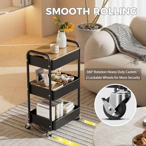 3 Tier Rolling Cart with Table top, Metal Utility Cart, Sturdy Storage Organizer Cart with Locking Wheels & Hooks for Office, Classroom, Kitchen and Bathroom