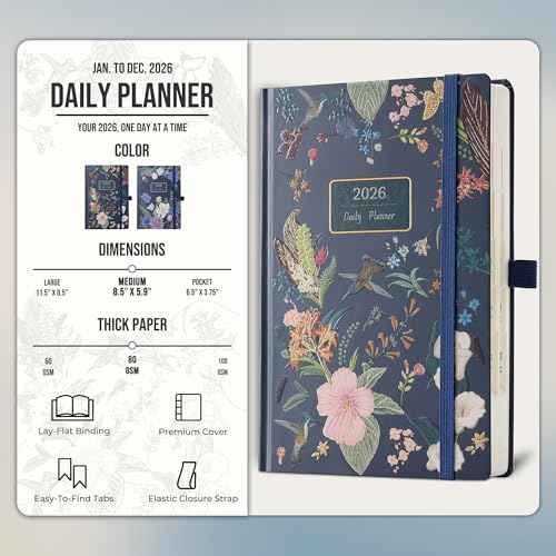 Daily Planner 2026 with One Page Per Day,(A5-8.5" x 5.9"),12 Months Calendar Hourly Appointment Book Monthly Tabs&Self-adhesive Pen Holder,Inner Pocket,3D Designed Flower Cover,Green