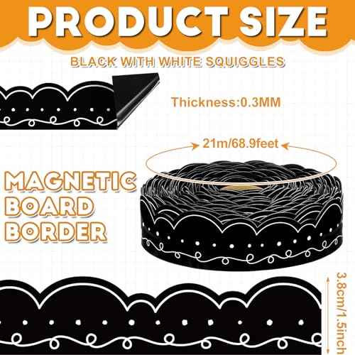 68.9 ft Magnetic Bulletin Board Border Magnetic Whiteboard Strips Rolls for Classroom Chalkboard Trim School Office Chalkboard Decoration(Black with White Squiggles)