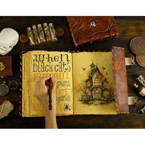 Hocus Pocus Book of Spells Hocus Pocus Spell book Prop Hocus Pocus Gifts Halloween Decorations Decor Leather Journal Writing Book Of shadow Best Hocus Pocus Gifts For Men And Women (13x10 Inch, Brown)