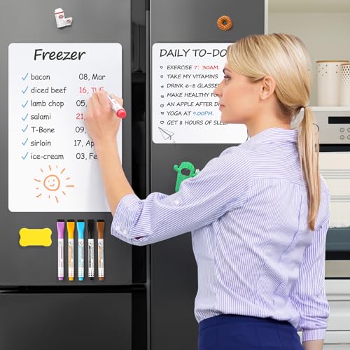 4 PACK Magnetic Dry Erase Board Sheet for Fridge, 12"x8" Erasable Refrigerator WhiteBoard w/ 6 Markers & 1 Eraser- Smooth and Flexible Small Magnet Blank Notepad for Home Kitchen Organizer and Planner