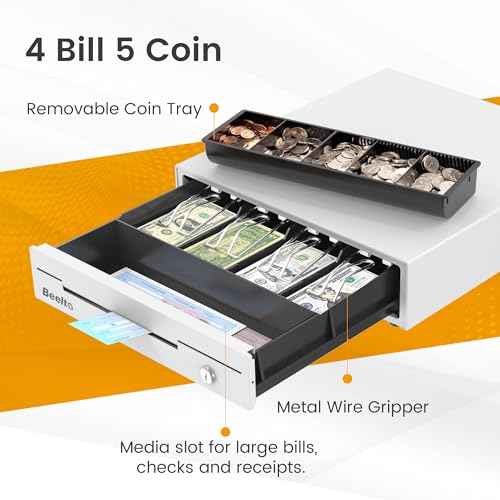 13" Cash Rigister Drawer for Small Business, 4 Bill/5 Coin with Check Slot, Steel Construction, Works with POS (Includes Keys & RJ11/12Cable) - White BK1313S
