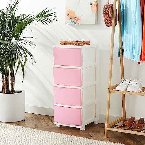 IRIS USA Plastic Drawer Storage Organizer, 4-Drawers, for Classroom Art Supplies Bathroom Dorm Bedroom Laundry Room, Slim Narrow, White Frame with Matte Pink Front Panels