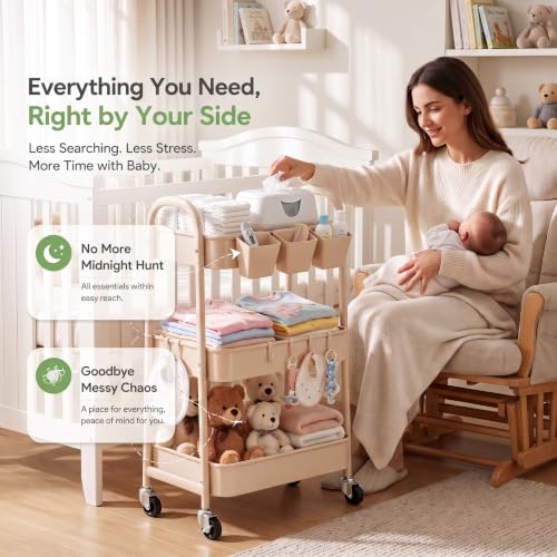 Osivaex Light Beige 3-Tier Metal Rolling Cart with Wheels, Includes Cups & Hooks
